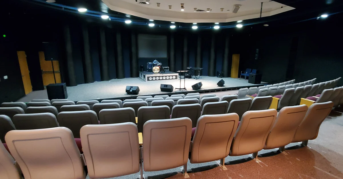 Seating and stage inside the concert hall